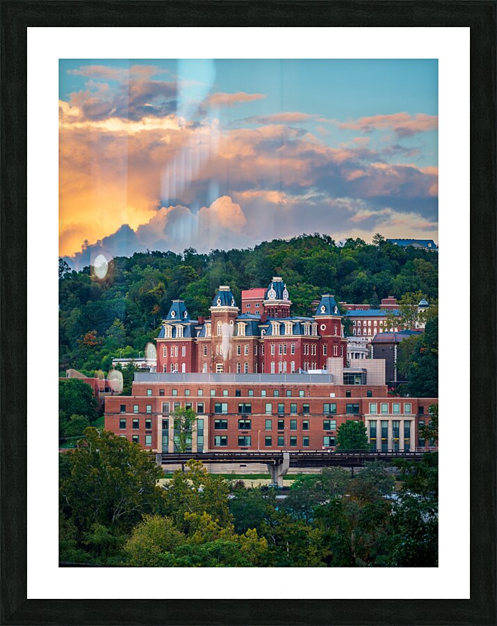 Brooks Hall and Woodburn Hall at sunset in Morgantown WV  Framed Print Print