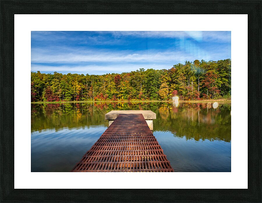 Fall leaves and metal pier in Coopers Rock State Forest in WV  Framed Print Print