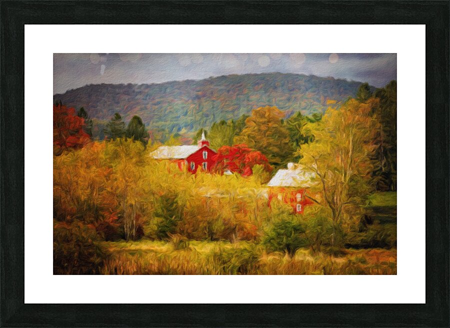 Painting of historic red barn nestled in fall colors in West Vir  Impression encadrée