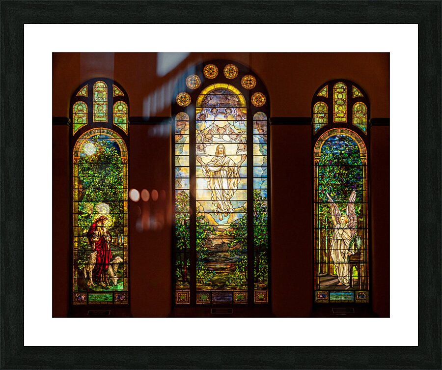 Three beautiful Tiffany stained glass windows from 1896  Framed Print Print