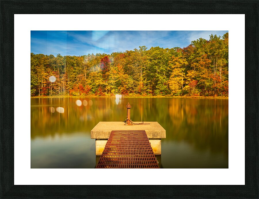 Fall leaves and metal pier in Coopers Rock State Forest in WV  Framed Print Print