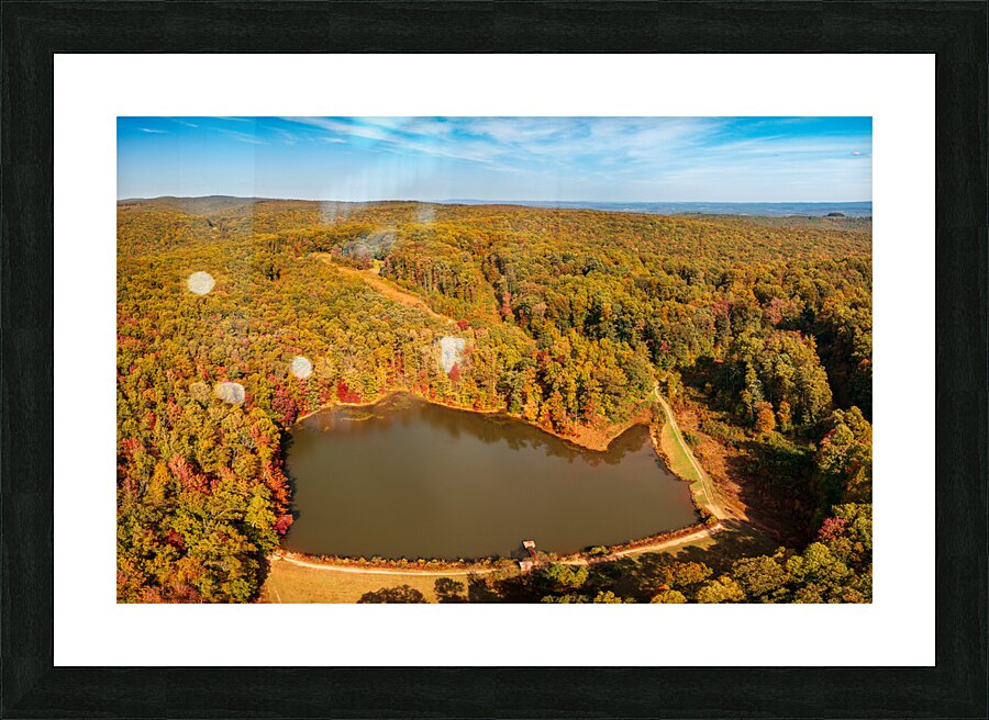 Aerial fall leaves around Coopers Rock reservoir in WV  Framed Print Print