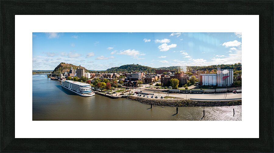 Aerial view of Red Wing Minnesota with river cruise boat  Framed Print Print