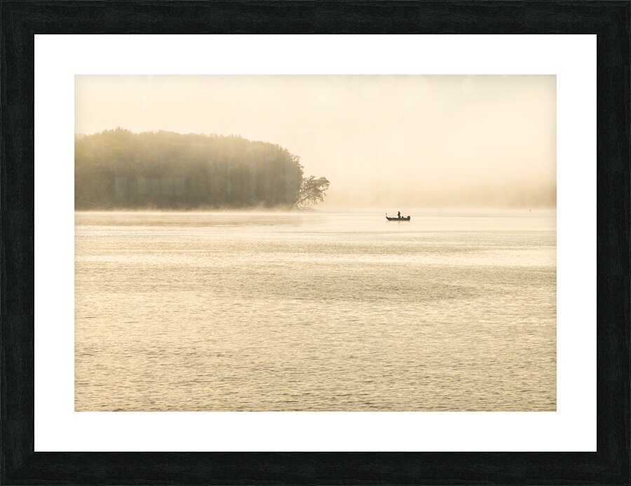 Fisherman fishing in Mississippi river on misty autumn morning  Impression encadrée