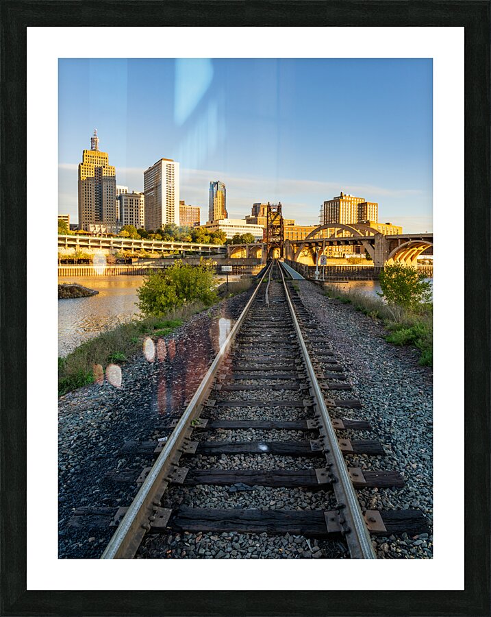 Railroad bridge over Mississippi river at sunrise in St Paul  Framed Print Print
