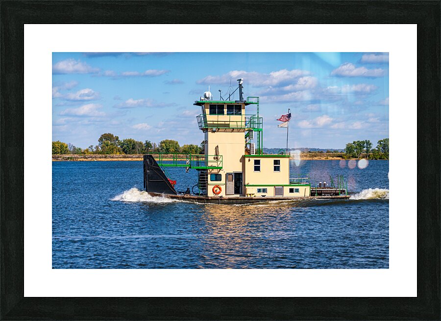 Tug boat or pusher boat leaving Lock and Dam 22 on Mississippi r  Framed Print Print