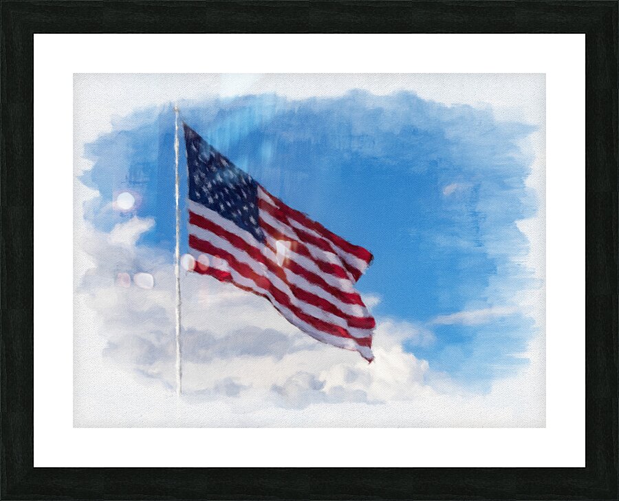 Digital art of USA stars and stripes flag against blue sky  Framed Print Print