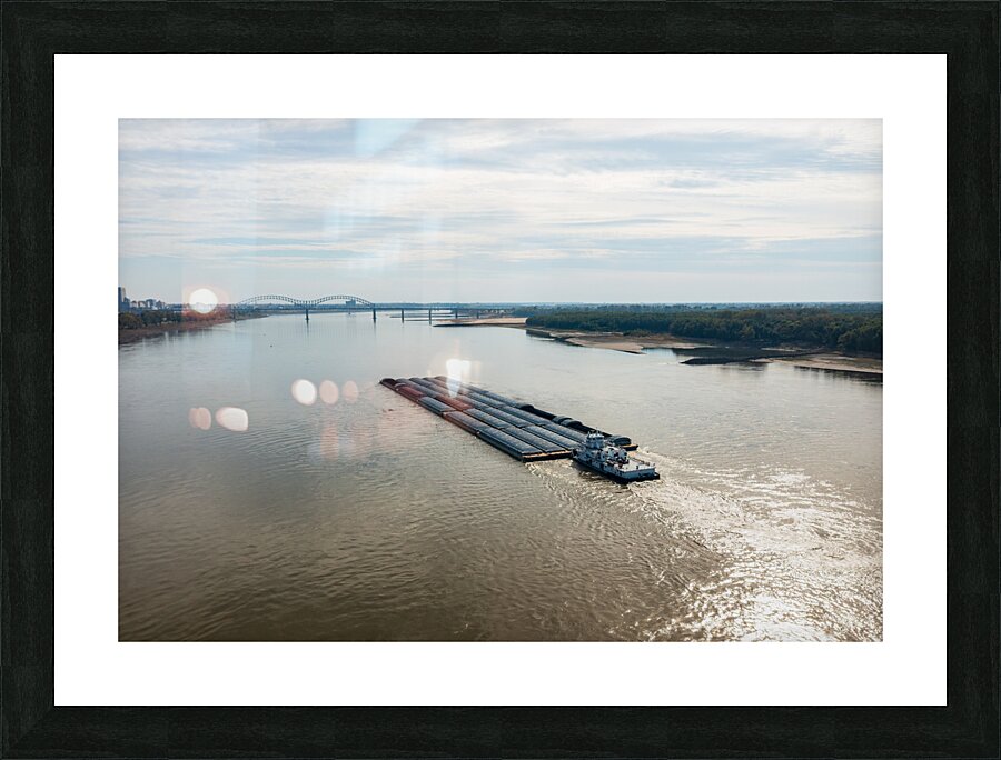 Large barge boat sails under Memphis bridge in October 2023  Framed Print Print