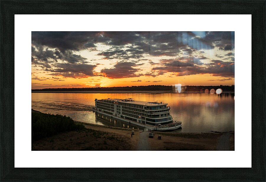 Sunset over Viking Mississippi river  cruise boat near Vicksburg  Framed Print Print