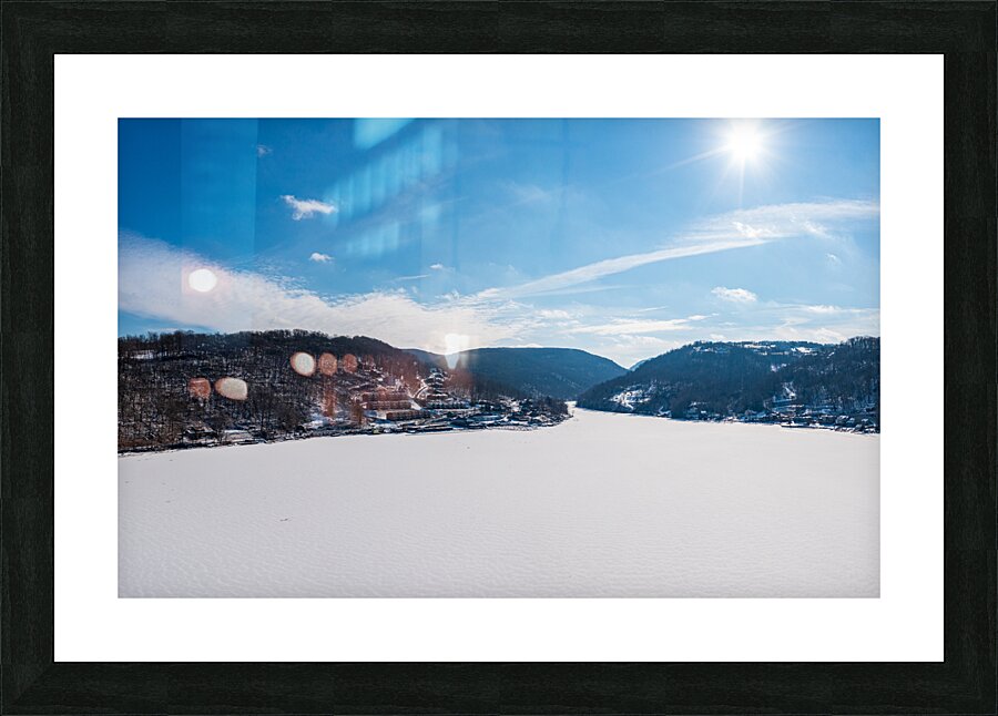 Aerial panorama of the frozen Cheat Lake Morgantown WV looking   Framed Print Print