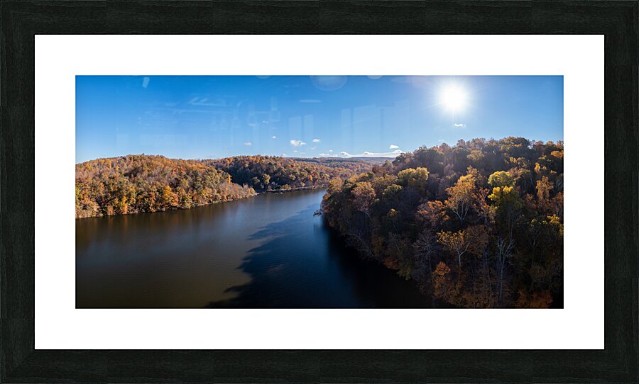 Panoramic fall trees around the water at Cheat Lake Park Morgan  Framed Print Print