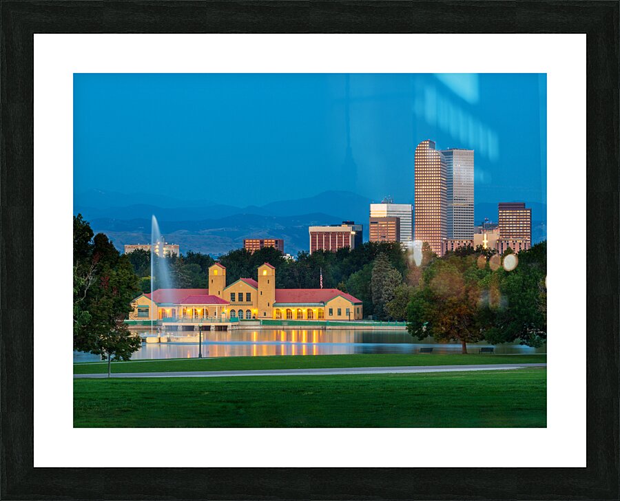 Skyline of Denver at dawn from City Park with boathouse  Framed Print Print