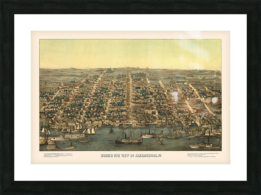 Restored birds eye view of street plan of Alexandria VA 1863  Framed Print Print