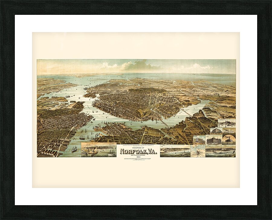 Restored birds eye panorama of Norfolk VA in 1892   Framed Print Print