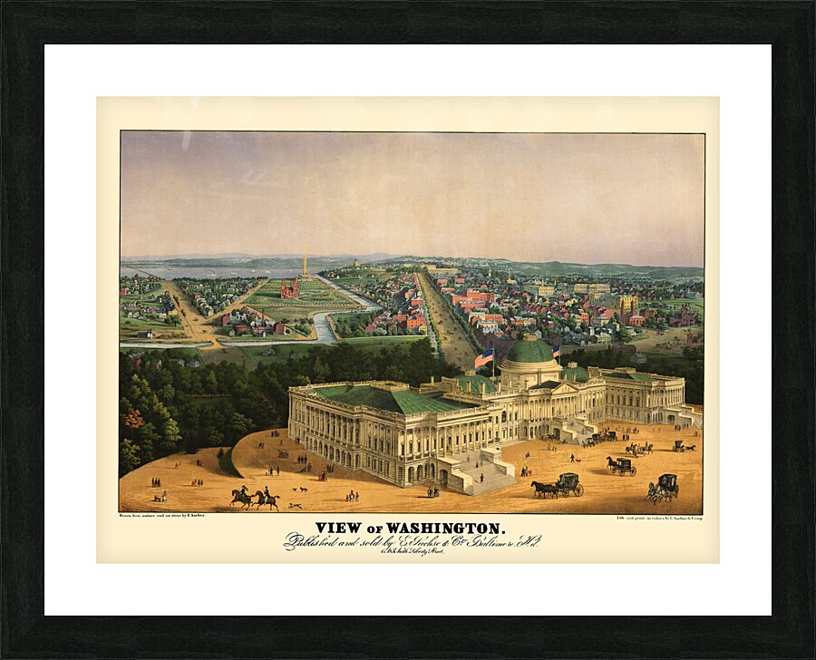 Low-angle birds-eye view of central Washington DC from 1852  Impression encadrée