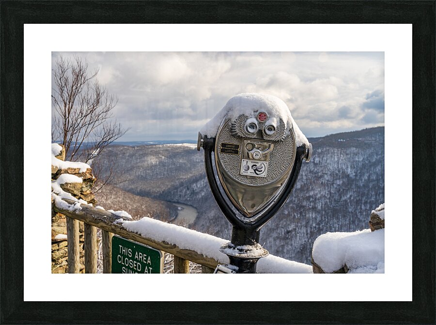 Binoculars on Coopers Rock overlook on snowy day  Framed Print Print