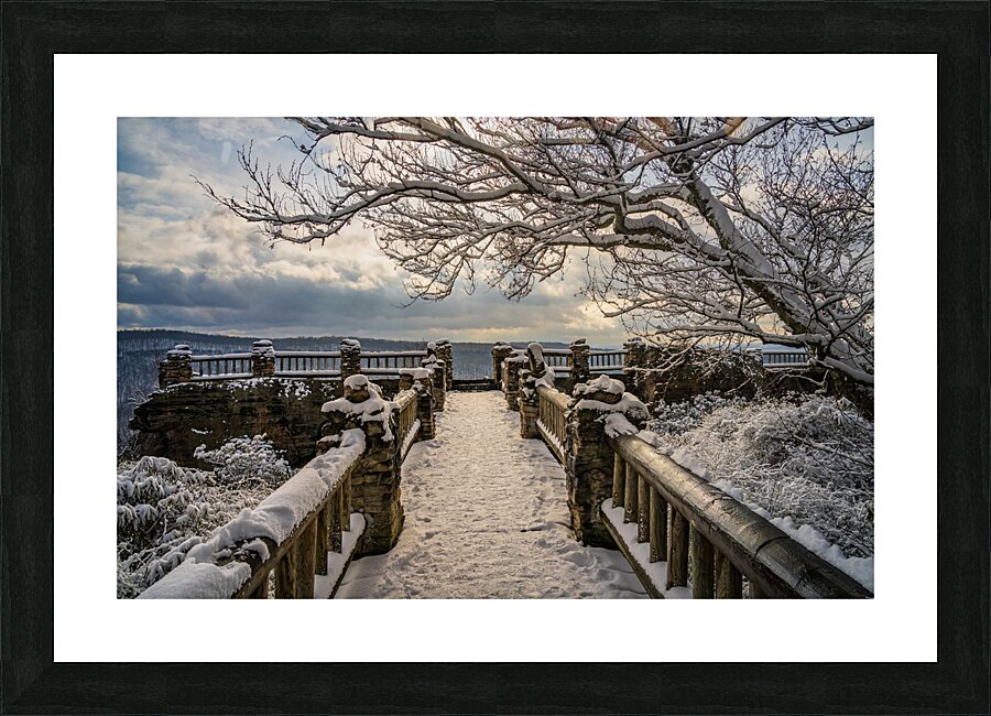 Coopers Rock overlook on snow-covered pathway in WV  Framed Print Print