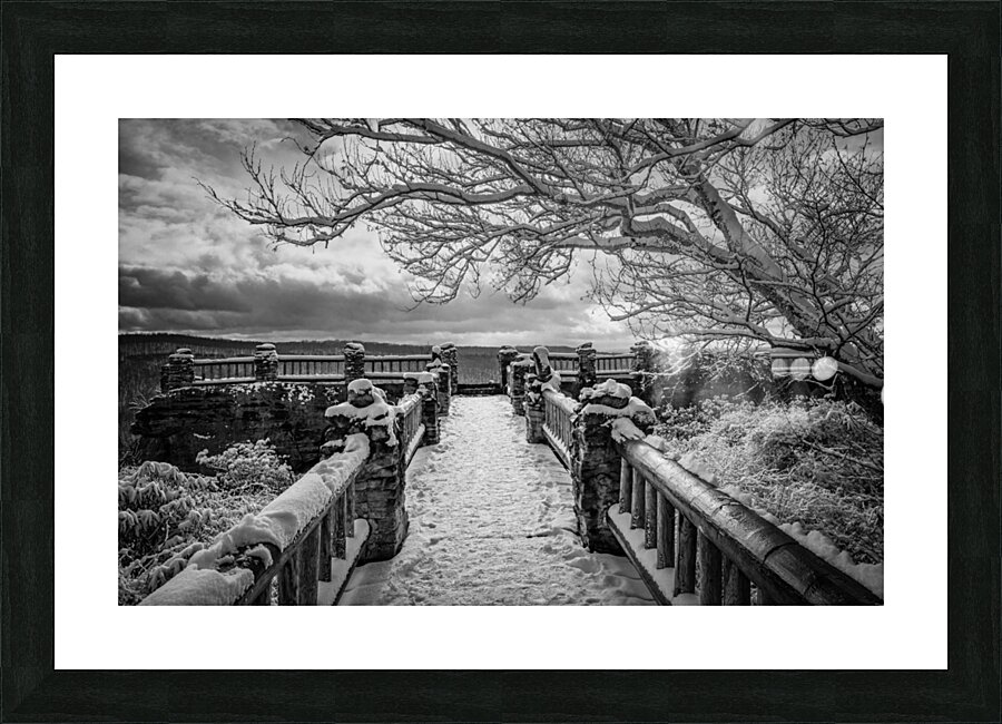 BW Coopers Rock overlook on snow-covered pathway  Framed Print Print