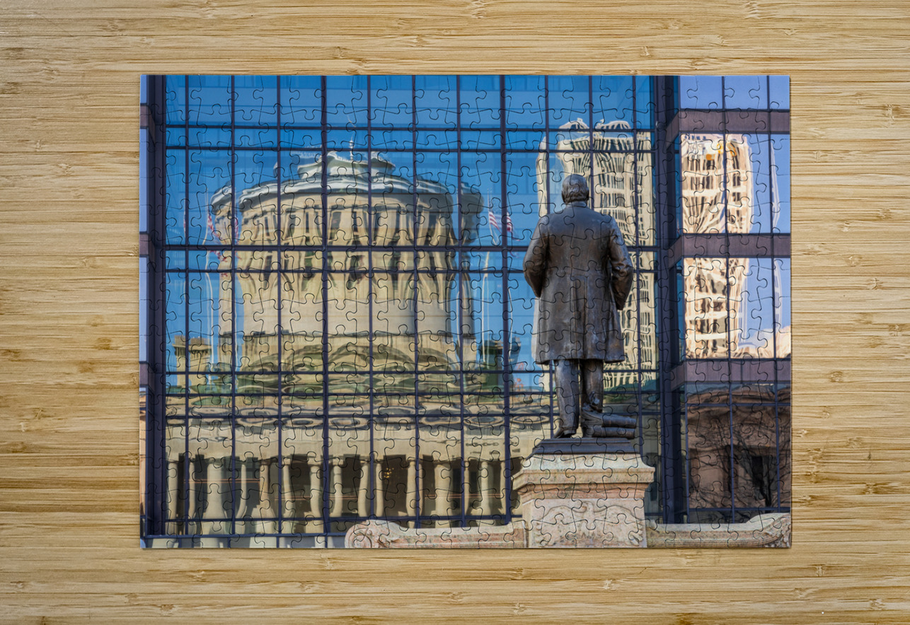 Reflection of McKinley statue and State Capitol building in Colu Steve Heap Puzzle printing