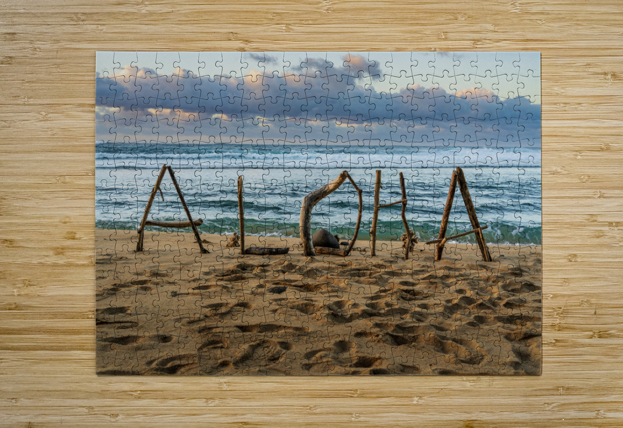 A driftwood greeting spells out a warm welcome with Aloha Kauai Steve Heap Puzzle printing