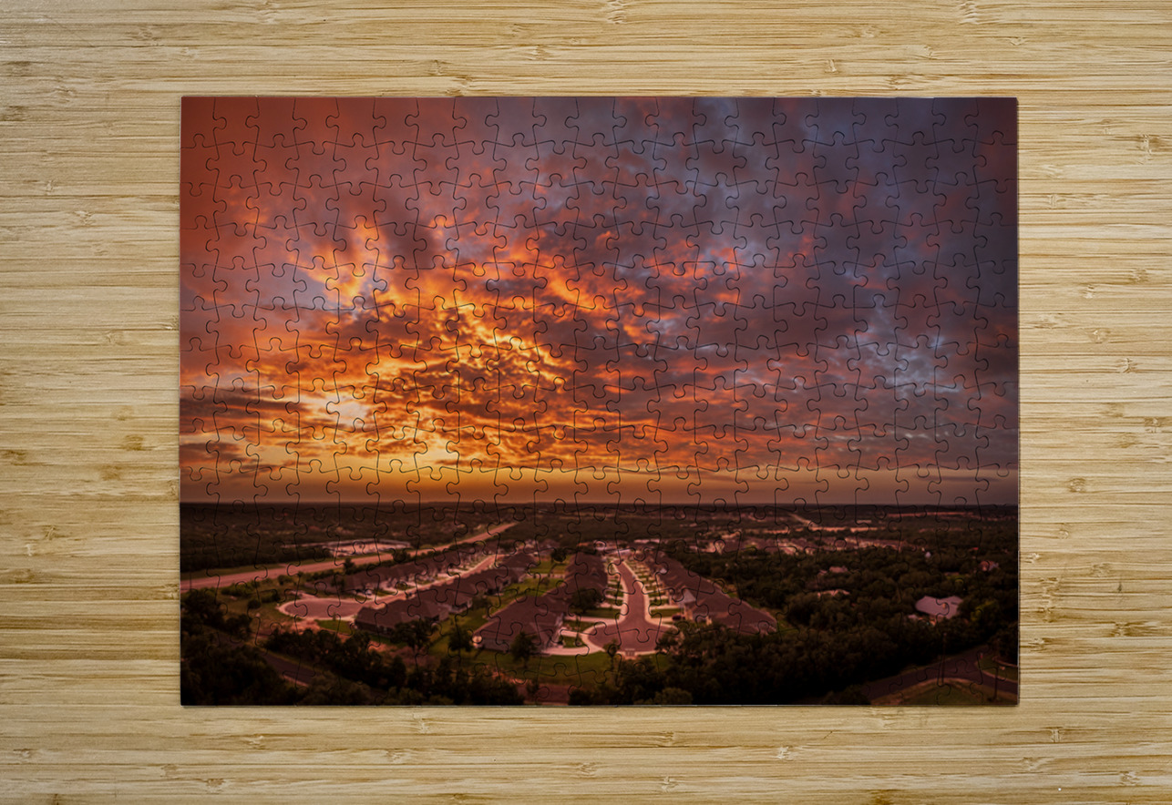 Dramatic sunset seen from drone over Georgetown Texas residentia Steve Heap Puzzle printing