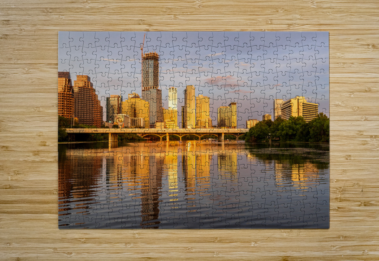Waterline dominates city skyline of Austin Texas at sunset in 20 Steve Heap Puzzle printing