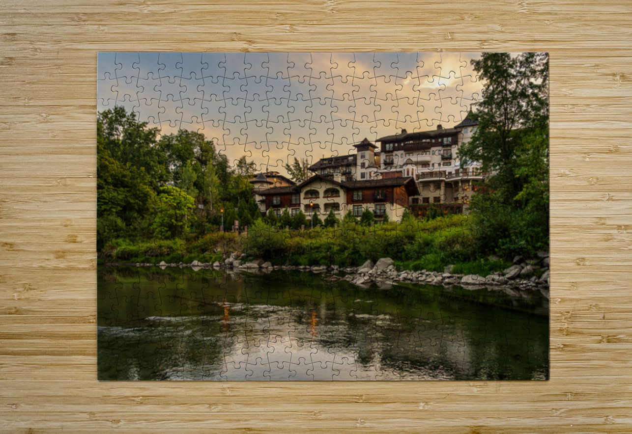 Hotel at dawn by River Wenatchee in Alpine German town of Leaven Steve Heap Puzzle printing