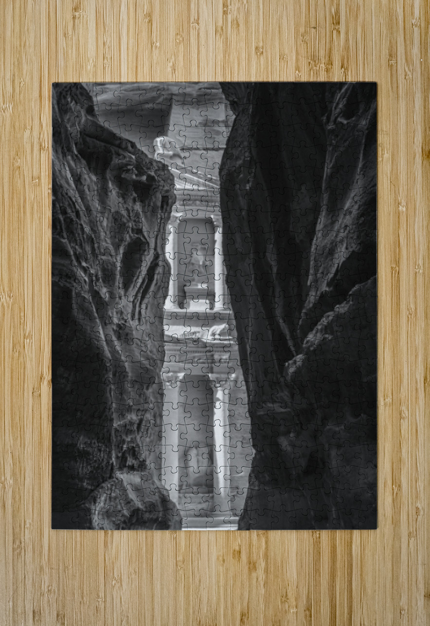 Monochrome Petra Treasury building facade seen through narrow go Steve Heap Puzzle printing