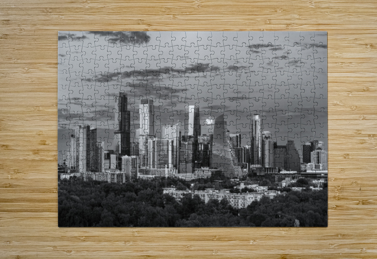 Monochrome view of harvest moon in the Austin skyline Steve Heap Puzzle printing