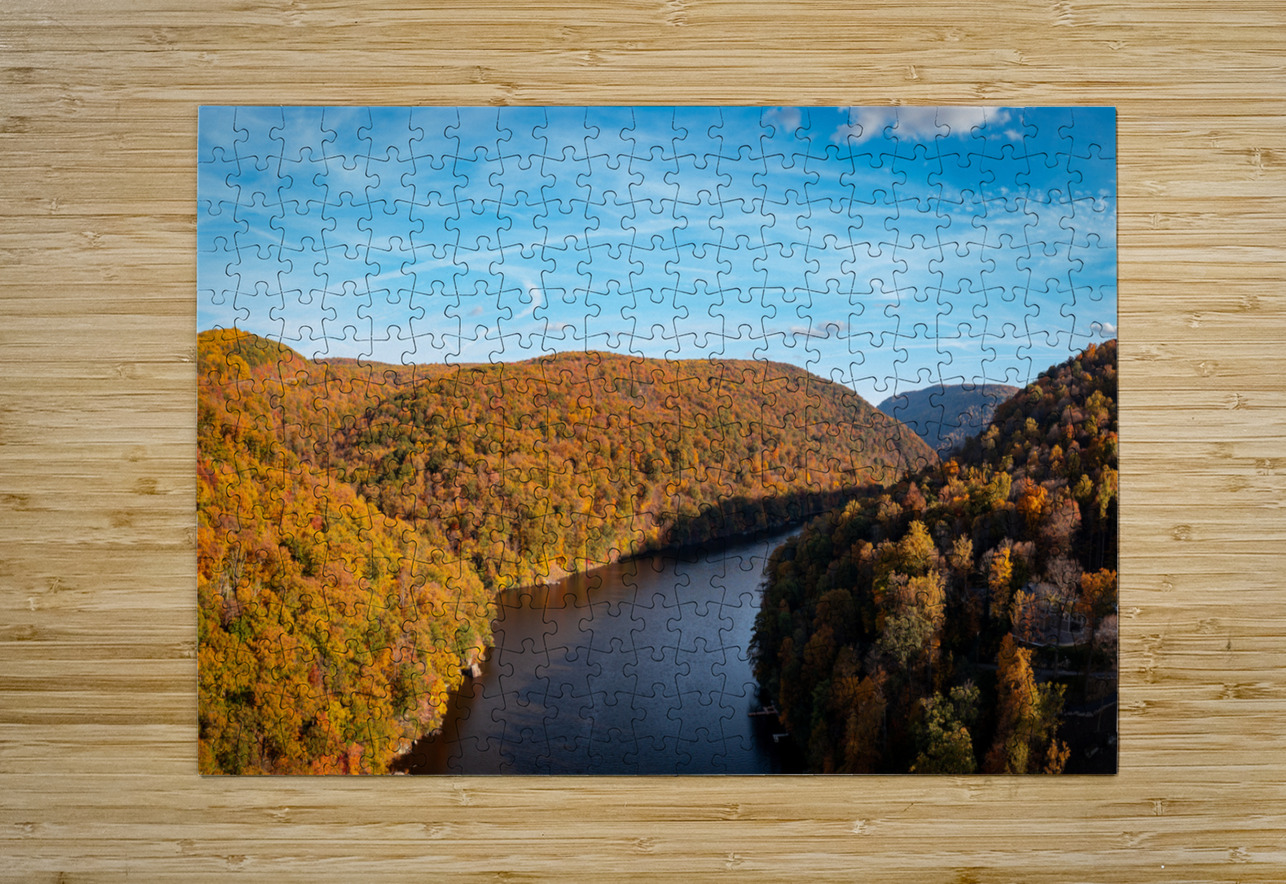 Autumn view of the Cheat river entering the lake in Morgantown WV  HD Metal print with Floating Frame on Back