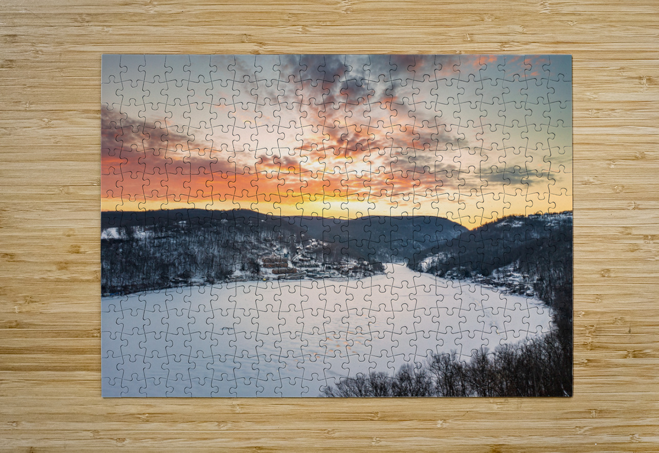Aerial sunrise over frozen Cheat Lake Morgantown Steve Heap Puzzle printing