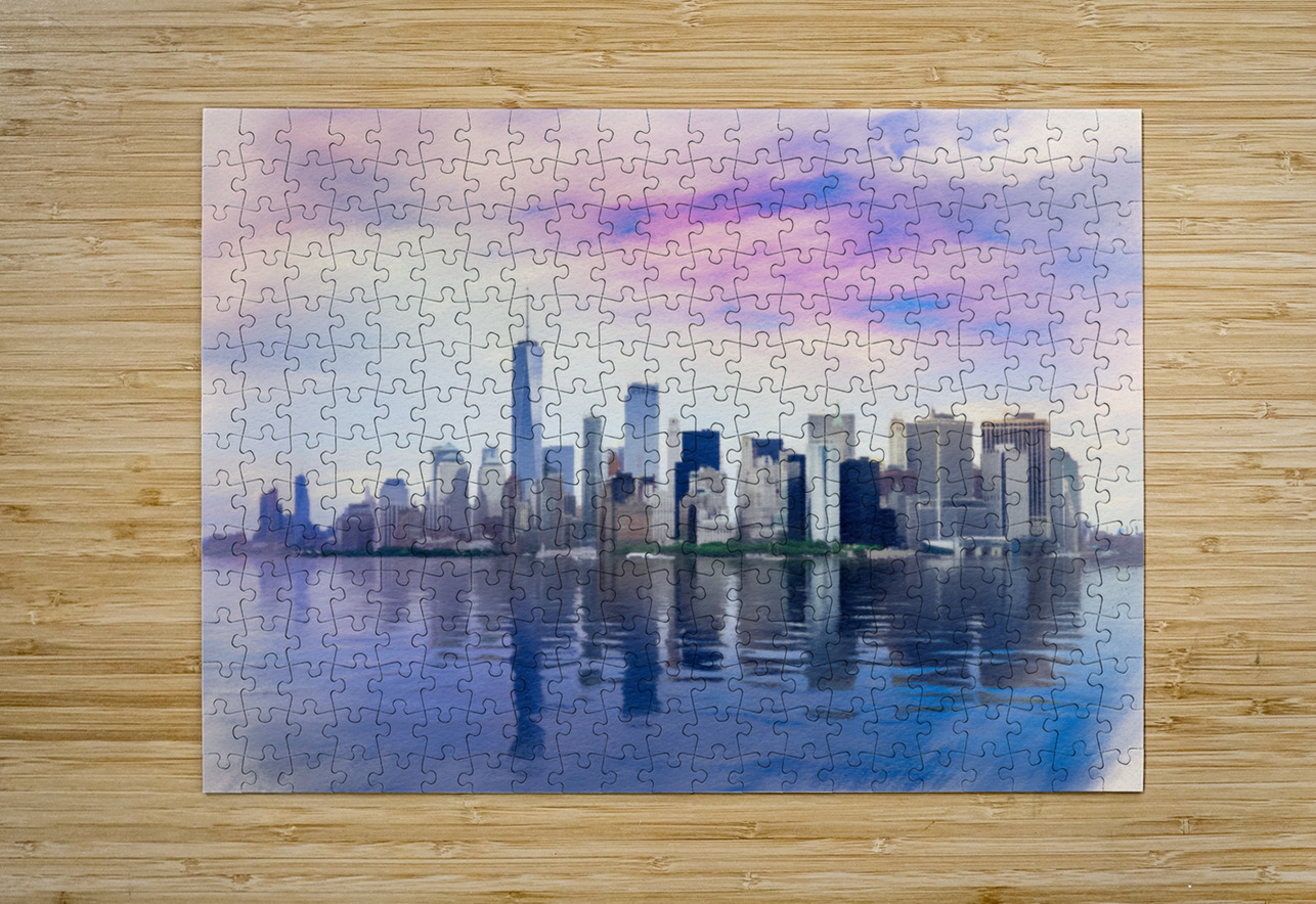 Pastel digital painting of panorama of Manhattan with calm water  HD Metal print with Floating Frame on Back