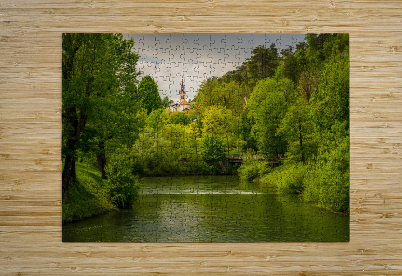 Church in the woods above peaceful river Steve Heap Puzzle printing
