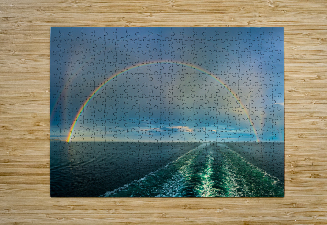 Dramatic double rainbow over wake of ship  HD Metal print with Floating Frame on Back