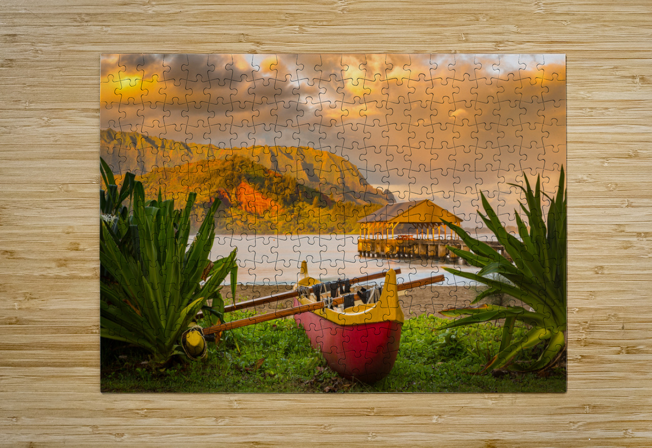 Hawaiian canoe by Hanalei Pier  HD Metal print with Floating Frame on Back