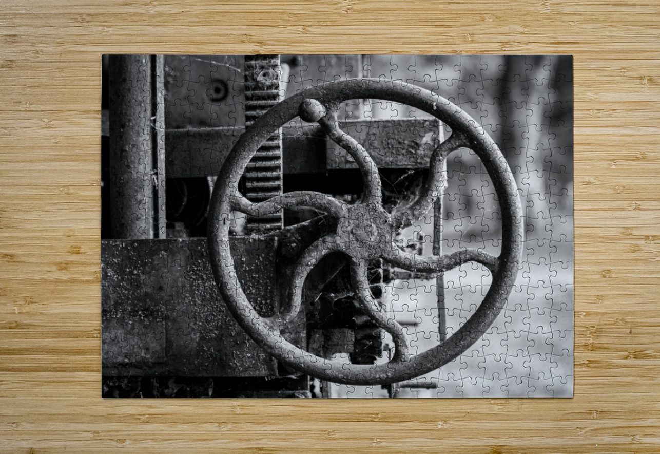 Moss covered farm machinery with handle  HD Metal print with Floating Frame on Back