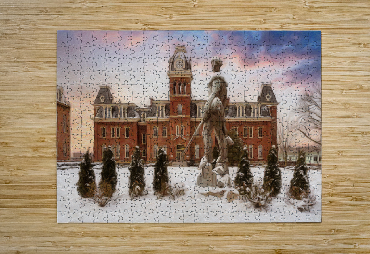 Pastel Mountaineer statue against Woodburn Hall  HD Metal print with Floating Frame on Back
