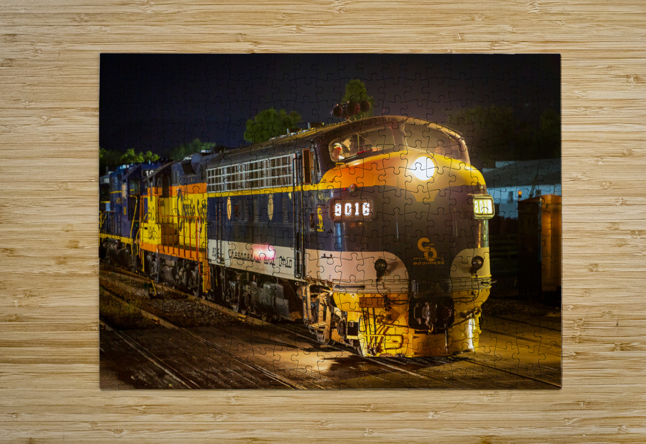 Diesel railroad engine at night  HD Metal print with Floating Frame on Back