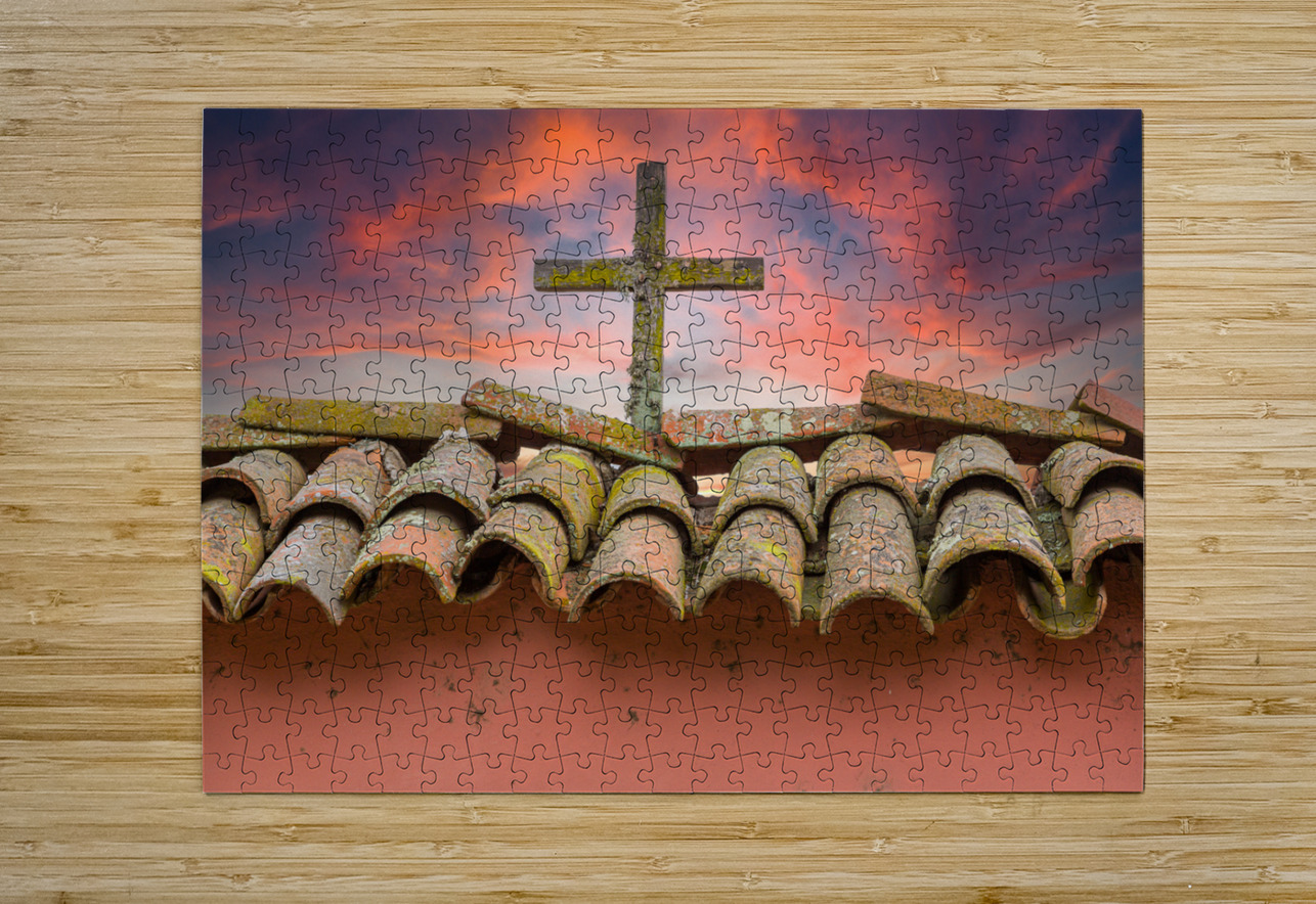 Wooden cross against brilliant sunrise at mission in California  HD Metal print with Floating Frame on Back