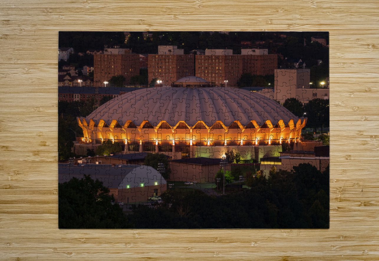 Illuminted Coliseum at WVU at dusk Steve Heap Puzzle printing