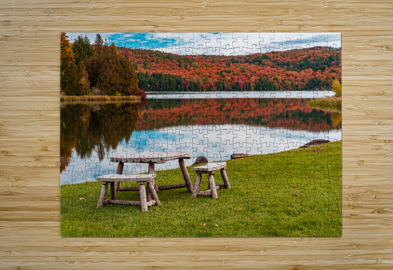 Wooden table and stools by Silver Lake Vermont  HD Metal print with Floating Frame on Back