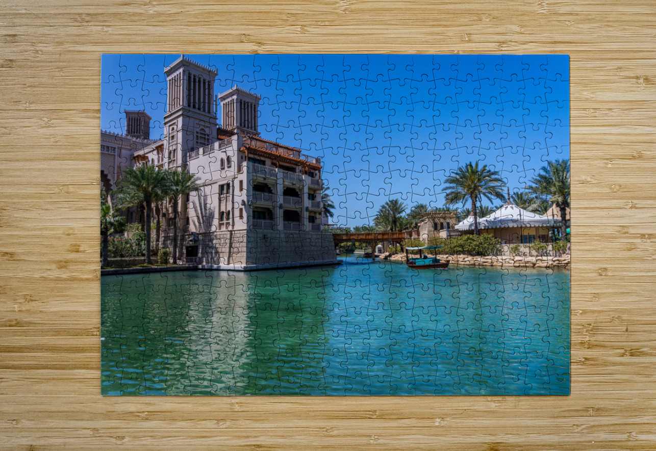 Wooden bridge over waterway in Souk Madinat Junction mall Steve Heap Puzzle printing