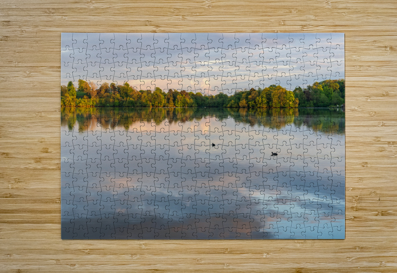 View across the Ellesmere Mere to a clear reflection of distant  Steve Heap Puzzle printing
