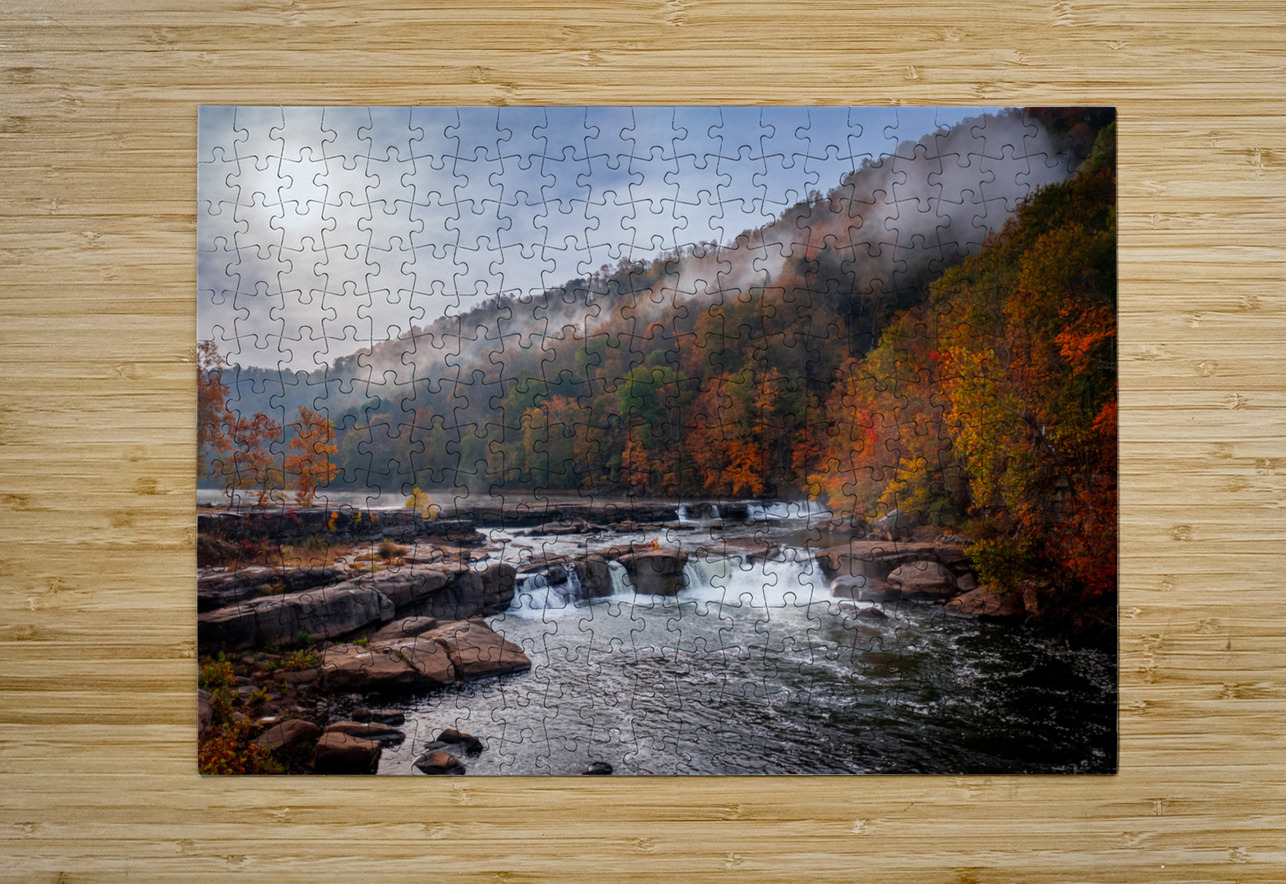 Sun rising over Valley Falls on a misty autumn day Steve Heap Puzzle printing