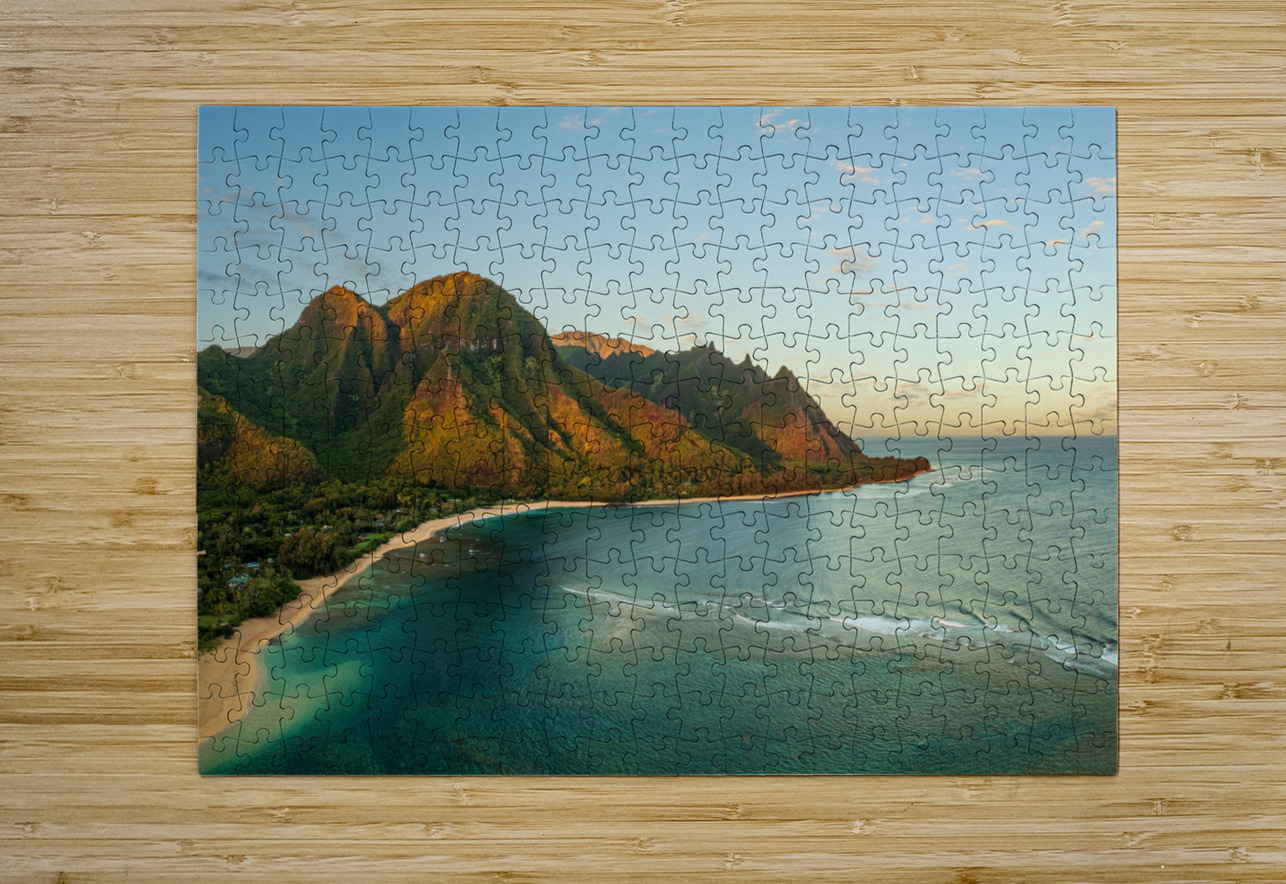 Aerial drone photo of Tunnels Beach at sunrise on Kauai in Hawaii Steve Heap Puzzle printing