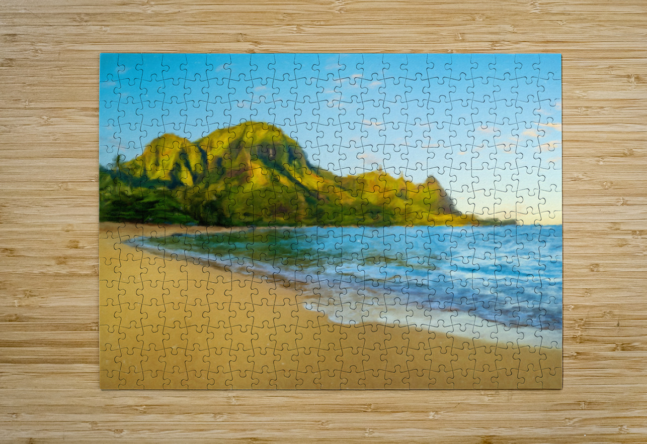Oil painting sunrise over Tunnels Beach on Kauai in Hawaii Steve Heap Puzzle printing