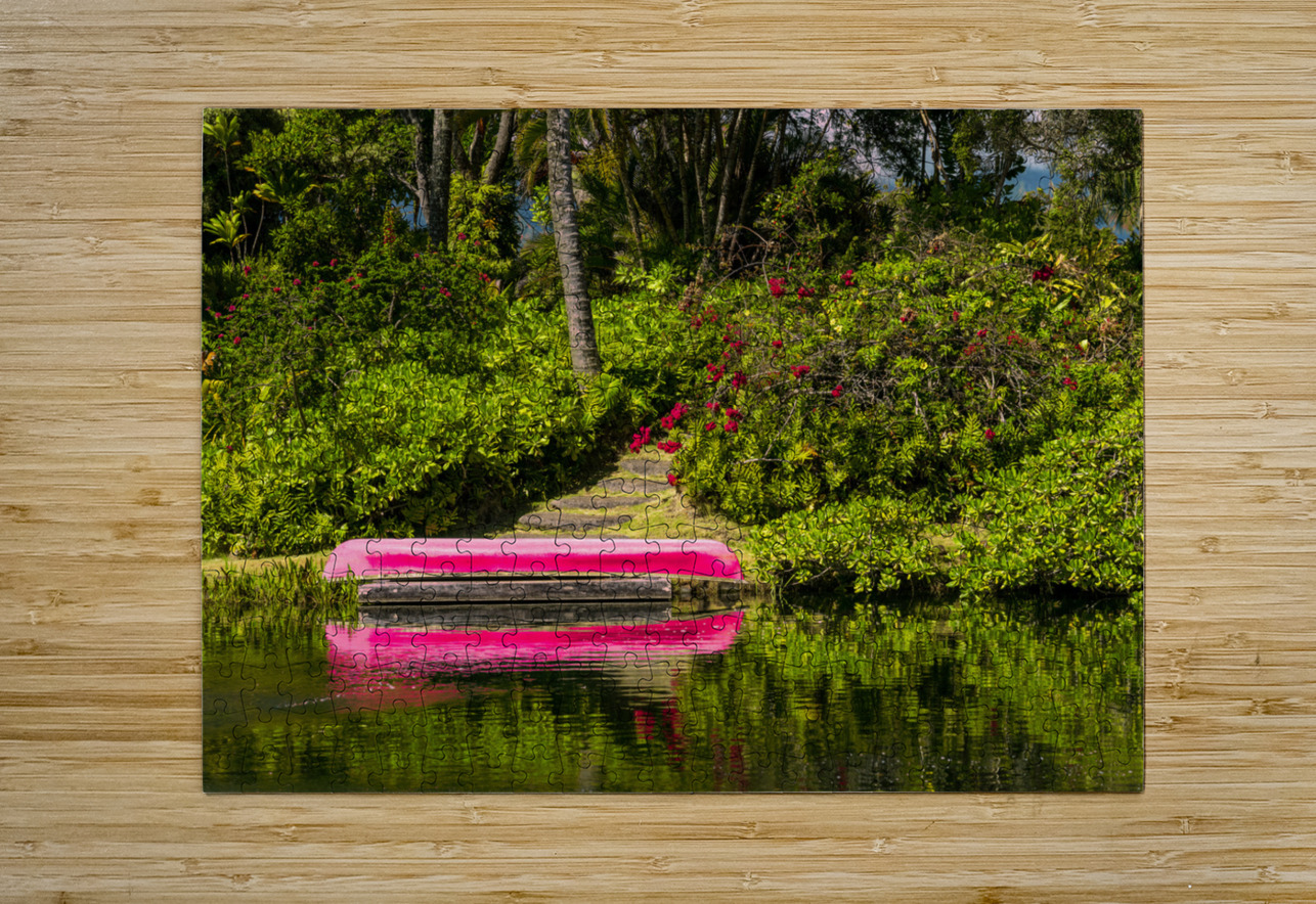 Red canoe on dock reflecting into calm lake or pond in garden Steve Heap Puzzle printing