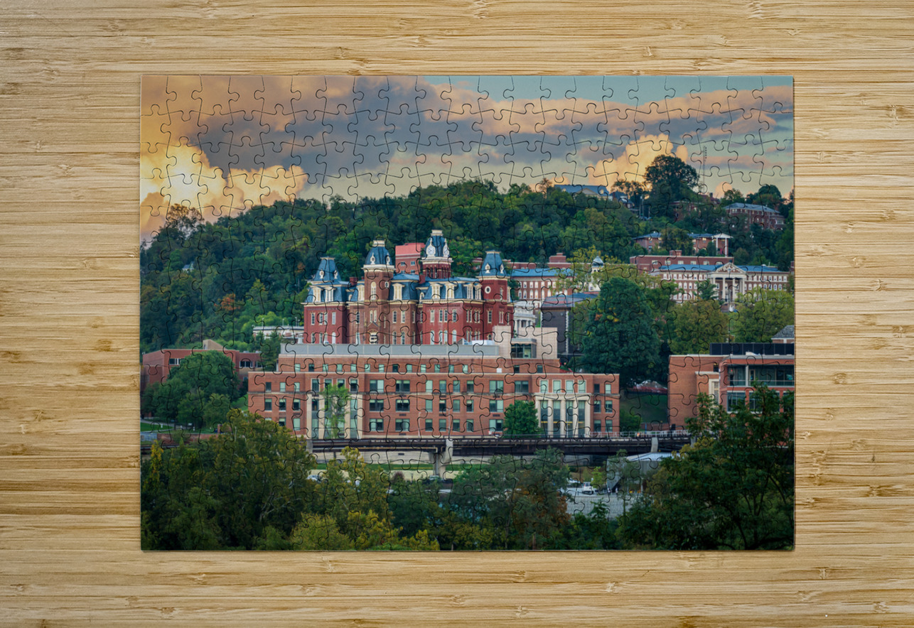 Brooks Hall and Woodburn Hall at dusk in Morgantown WV Steve Heap Puzzle printing