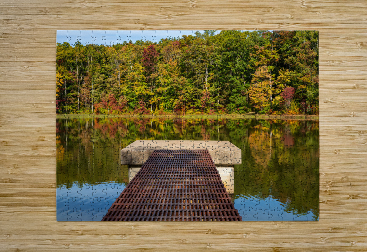 Fall leaves and metal pier in Coopers Rock State Forest in WV Steve Heap Puzzle printing