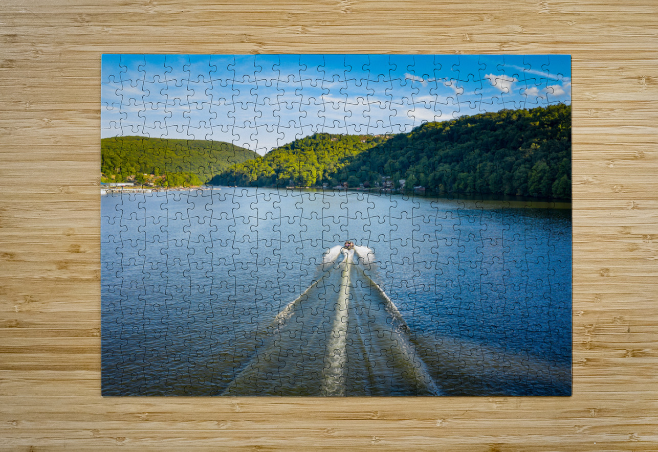 Speedboat on Cheat Lake on a summer evening with boats docked in Steve Heap Puzzle printing